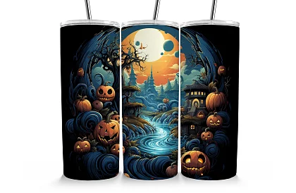Cestovní termokelímek s brčkem 590 ml – Halloweenská krajina s dýněmi a řekou 05