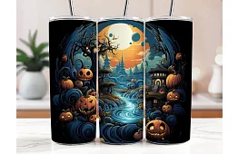Cestovní termokelímek s brčkem 590 ml – Halloweenská krajina s dýněmi a řekou 05