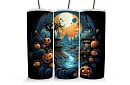Cestovní termokelímek s brčkem 590 ml – Halloweenská krajina s dýněmi a řekou 05