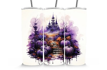 Cestovní termokelímek s brčkem 590 ml – Halloweenský fialový hrad s dýněmi 17
