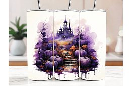 Cestovní termokelímek s brčkem 590 ml – Halloweenský fialový hrad s dýněmi 17