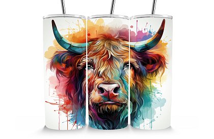 Cestovní termokelímek s brčkem 590 ml – Skotský skot – akvarel 24