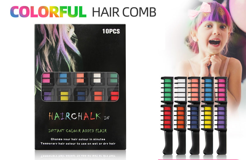 Levně Hřebeny s omyvatelnými barevnými křídami na vlasy – 10 barev