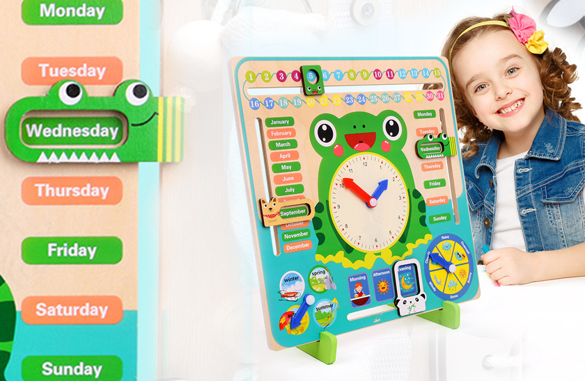 Levně Dřevěný dětský interaktivní kalendář - Žába