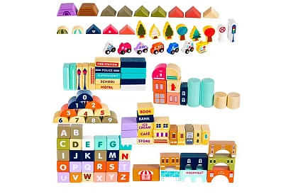 Dřevěné kostky – Město 115 ks s podložkou