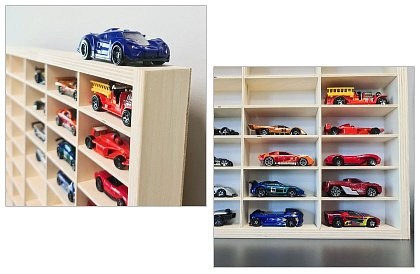 Dřevěná polička - organizér na autíčka - 54 přihrádek