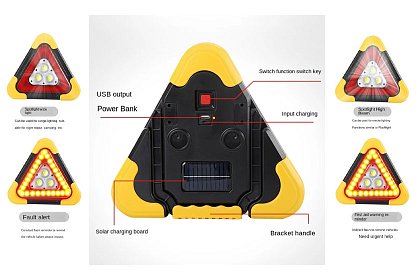 LED výstražný trojúhelník se svítilnou, powerbankou a solárním nabíjením