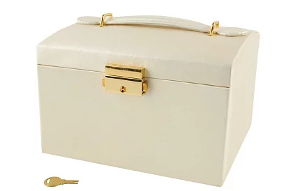 Elegantní šperkovnice – béžová se zámkem a saténovým povrchem