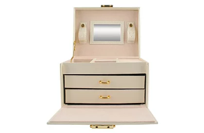 Elegantní šperkovnice – béžová se zámkem a saténovým povrchem