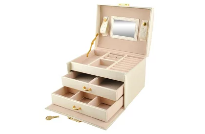 Elegantní šperkovnice – béžová se zámkem a saténovým povrchem