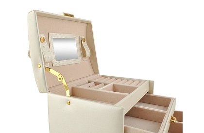 Elegantní šperkovnice – béžová se zámkem a saténovým povrchem