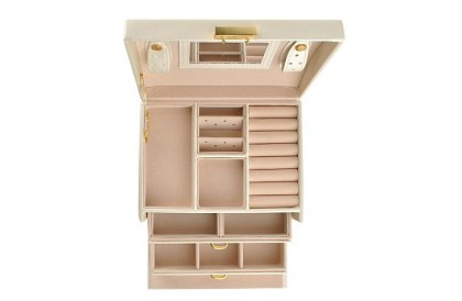 Elegantní šperkovnice – béžová se zámkem a saténovým povrchem