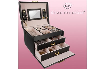 Elegantní šperkovnice – černá se zámkem a saténovým povrchem