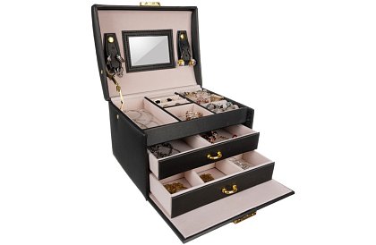 Elegantní šperkovnice – černá se zámkem a saténovým povrchem