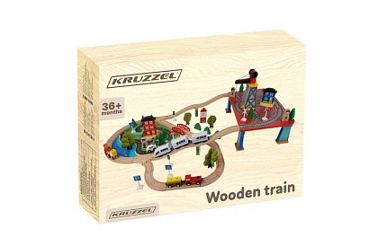Dřevěná železnice s vláčkem na baterie – 88 dílků