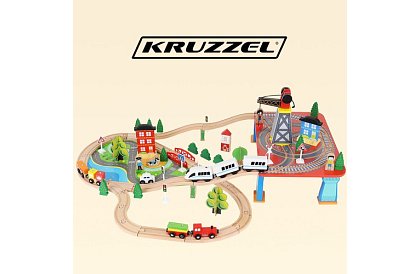 Dřevěná železnice s vláčkem na baterie – 88 dílků