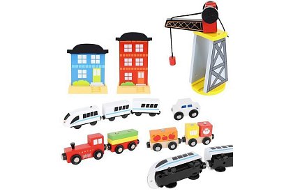 Dřevěná železnice s vláčkem na baterie – 88 dílků