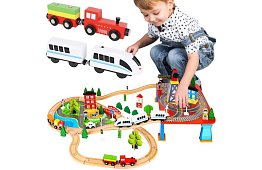 Dřevěná železnice s vláčkem na baterie – 88 dílků