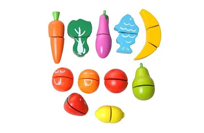 Dřevěné ovoce a zelenina ke krájení v kyblíku