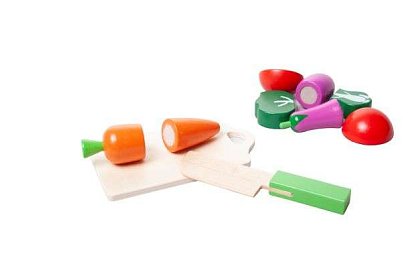 Dřevěné ovoce a zelenina ke krájení v kyblíku