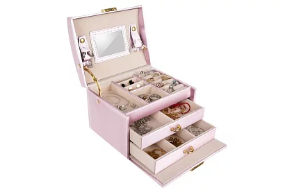 Elegantní šperkovnice – růžová se zámkem a saténovým povrchem
