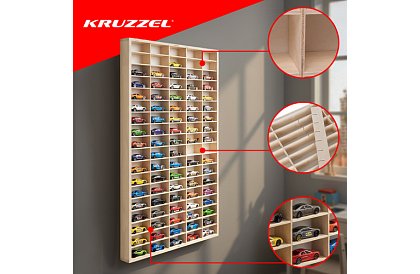 Dřevěná polička - organizér na autíčka - 90 přihrádek