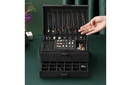 Elegantní semišová šperkovnice - černá