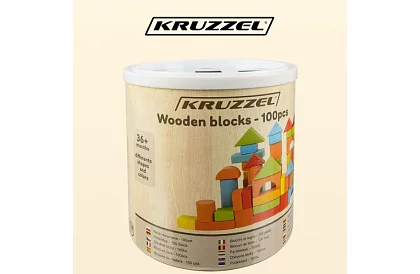 Dřevěné kostky v kyblíku s třídičem tvarů – 100 ks