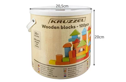 Dřevěné kostky v kyblíku s třídičem tvarů – 100 ks