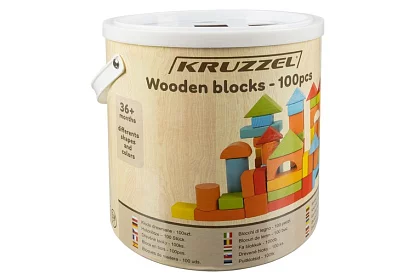 Dřevěné kostky v kyblíku s třídičem tvarů – 100 ks