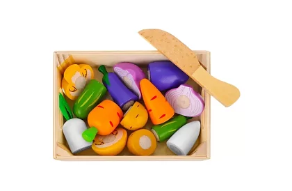 Dřevěné ovoce a zelenina ke krájení - v bedýnce